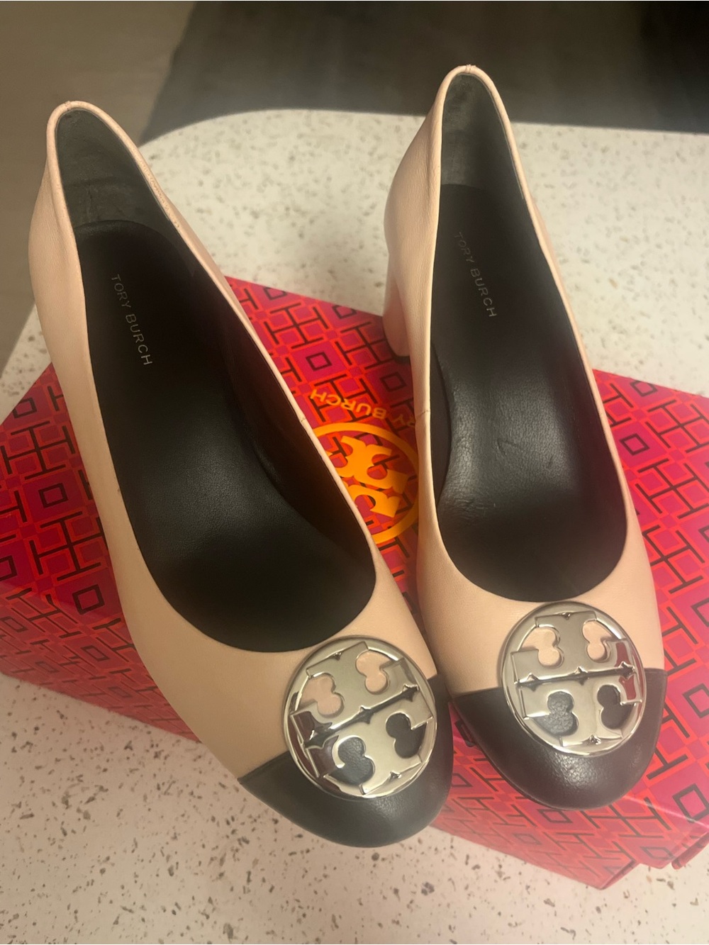 Tory Burch Two-Tone Leather Block Heel Pumps in Blush and Black